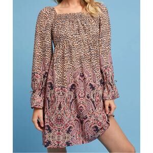 Maeve x ANTHRO Milou Long Sleeve Smocked Paisley Square Neck Dress XS Babydoll